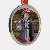 赤パーソナライズされた文字ラウンドファミリーフォト メタルオーナメント (右)