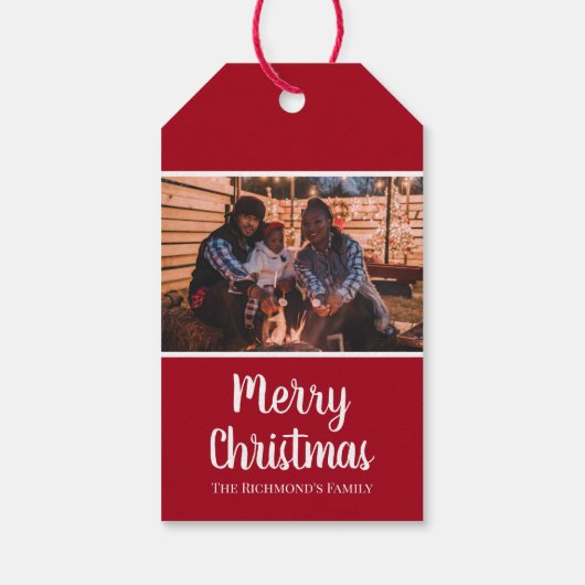 赤パーソナライズされた枠クリスマスの写真 ギフトタグ (裏面)