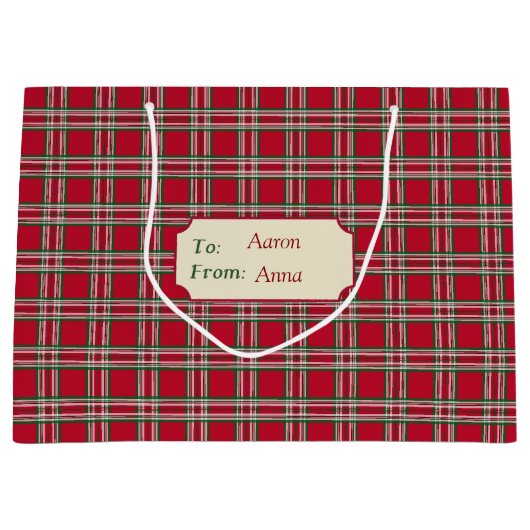 赤パーソナライズされた格子状クリスマス抱き枕 ラージペーパーバッグ (正面)