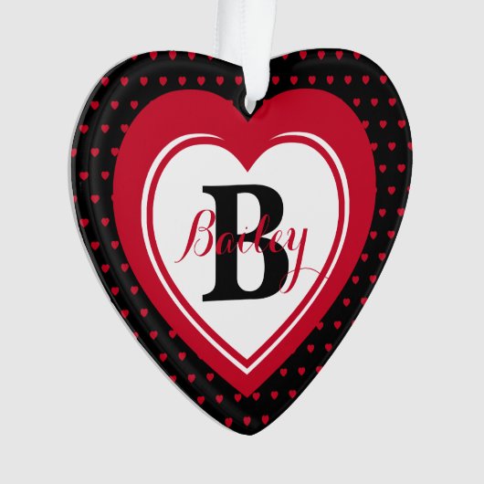 赤パーソナライズされた水玉模様ハート形見 オーナメント (正面)