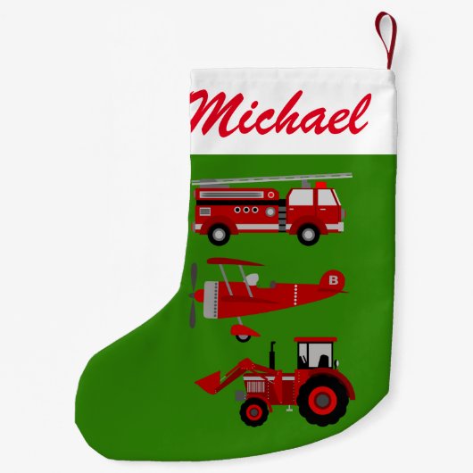 赤パーソナライズされた玩具消防車、飛行機及びトラクタ スモールクリスマスストッキング (裏面)