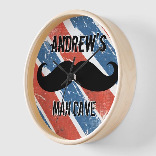 赤パーソナライズされた白と青の口ひげ人洞窟 壁時計 (傾斜)