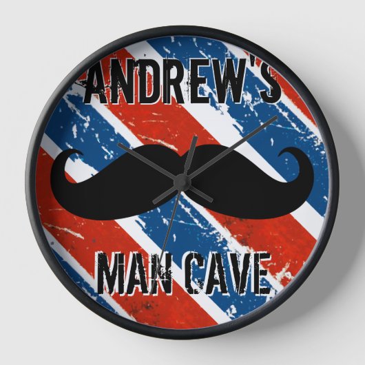 赤パーソナライズされた白と青の口ひげ人洞窟 壁時計 (正面)