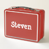 赤パーソナライズされた白のお洒落名前 メタルランチボックス (裏面)