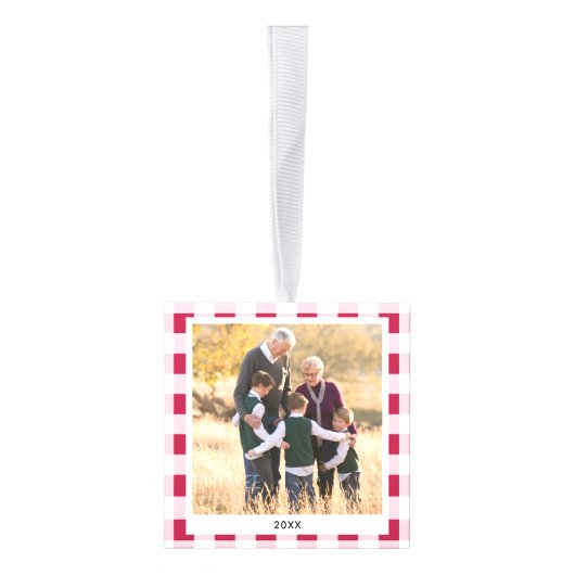 赤パーソナライズされた白の格子模様のクリスマスフォト キューブオーナメント (右)