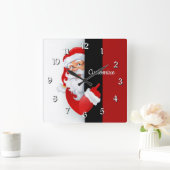 赤パーソナライズされた白サンタ スクエア壁時計 (ホーム)