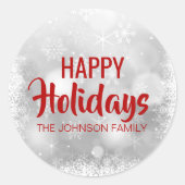 赤パーソナライズされた白ハッピーホリデーズスノーフレーク ラウンドシール (正面)