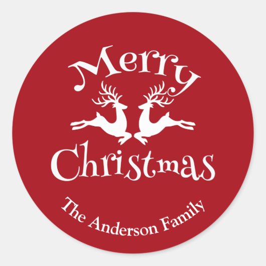 赤パーソナライズされた白メリークリスマスのトナカイ ラウンドシール (正面)