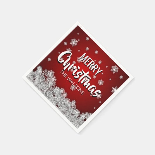 赤パーソナライズされた白メリークリスマス雪 スタンダードカクテルナプキン (角)