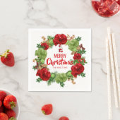 赤パーソナライズされた白リースメリークリスマス スタンダードカクテルナプキン (インサイチュ)