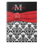 赤パーソナライズされた白黒ダマスク日記 ノートブック (正面)