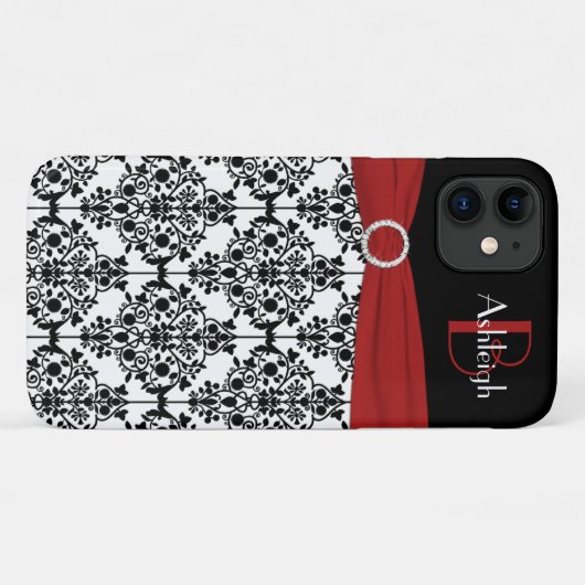 赤パーソナライズされた白黒ダマスクiPhone 11ケース Case-Mate iPhoneケース (裏面(横))