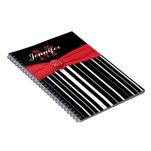 赤パーソナライズされた白黒ノートストライプの ノートブック (右側)