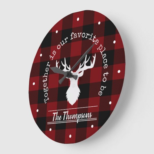 赤パーソナライズされた素朴と黒のバッファローのプレイド ラージ壁時計 (傾斜)