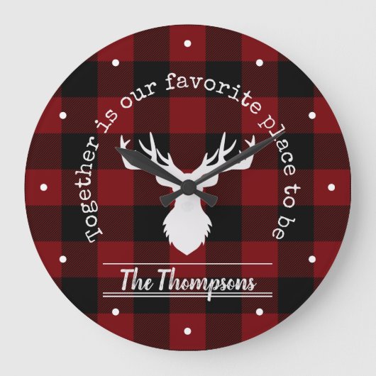 赤パーソナライズされた素朴と黒のバッファローのプレイド ラージ壁時計 (正面)