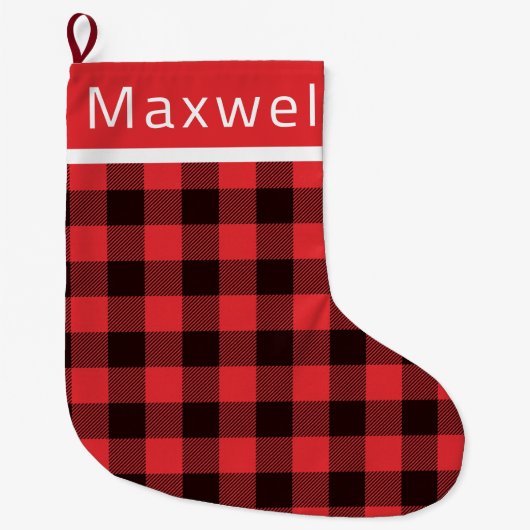 赤パーソナライズされた素朴と黒のバッファロー・プレイド・ラ ラージクリスマスストッキング (正面)