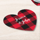 赤パーソナライズされた結婚と黒のバッファローのプレイド ペーパーコースター (アングル)