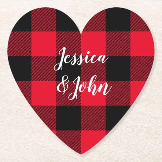 赤パーソナライズされた結婚と黒のバッファローのプレイド ペーパーコースター (正面)