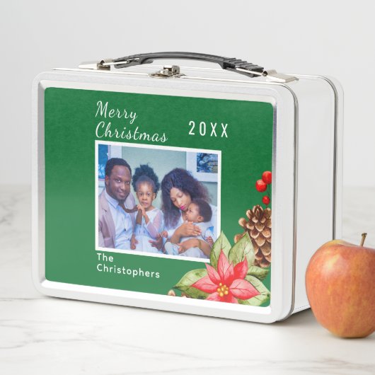 赤パーソナライズされた緑ホリデーファミリーイメージ メタルランチボックス (インサイチュ)