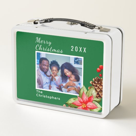 赤パーソナライズされた緑ホリデーファミリーイメージ メタルランチボックス (裏面)