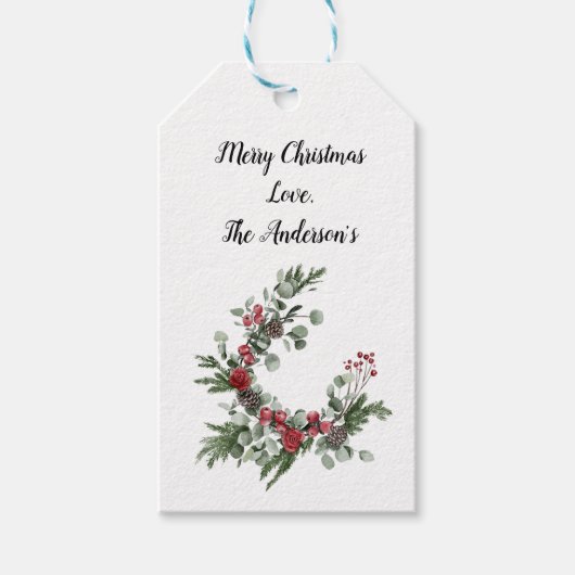 赤パーソナライズされた緑ポインセチア常緑樹 ギフトタグ (正面)