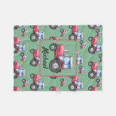 赤パーソナライズされた緑水色トラクタパターン フリースブランケット (正面(横))