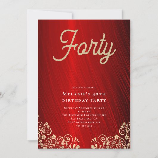 赤パーソナライズされた金ゴールドスワール40th誕生日パーティー 招待状 (正面)