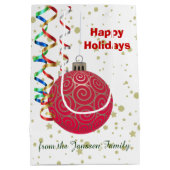 赤パーソナライズされた金ゴールド球紙吹雪 ミディアムペーパーバッグ (裏面)