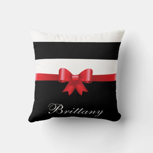 赤パーソナライズされた黒いはっきりしたストライプ弓エレガント クッション (裏面)
