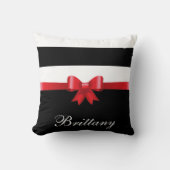 赤パーソナライズされた黒いはっきりしたストライプ弓エレガント クッション (正面)