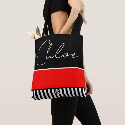赤パーソナライズされた黒と白のトートバストライプのッグ トートバッグ (クローズアップ)