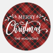 赤パーソナライズされた黒クリスマスプレド ラウンドシール (正面)