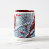 赤パーソナライズされた(鳥)ショウジョウコウカンチョウコーヒーカップ、(鳥)ショウジョウコウカンチョ ツートーンマグカップ (中央)
