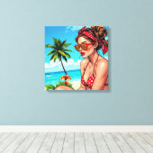 赤ビキニ、サングラス、バンダナの女性 キャンバスプリント (インサイチュ (ウッドフロア))