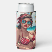 赤ビキニ、サングラス、バンダナの女性 スリム缶クーラー (Seltzer正面)