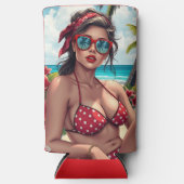 赤ビキニ、サングラス、バンダナの女性 スリム缶クーラー (正面)