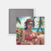 赤ビキニ、サングラス、バンダナの女性 マグネット (正面/裏面)