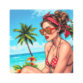 赤ビキニ、サングラス、バンダナの女性 メタルプリント