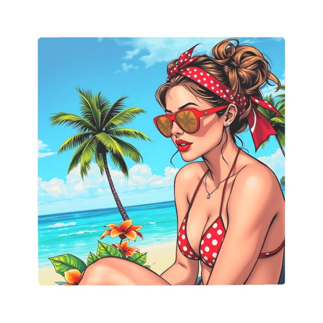 赤ビキニ、サングラス、バンダナの女性 メタルプリント (正面)