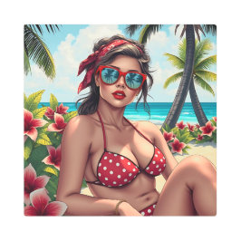 赤ビキニ、サングラス、バンダナの女性 メタルプリント