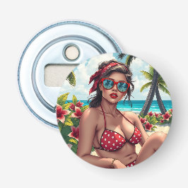 赤ビキニ、サングラス、バンダナの女性 栓抜き