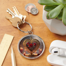 赤ビクトリアンいバラと黄金のハート、ヴィンテージ キーホルダー