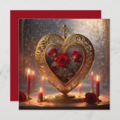 赤ビクトリアンいバラと黄金のハート、ヴィンテージ シーズンカード (正面/裏面)