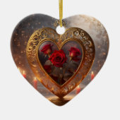 赤ビクトリアンいバラと黄金のハート、ヴィンテージ セラミックオーナメント (正面)