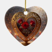 赤ビクトリアンいバラと黄金のハート、ヴィンテージ セラミックオーナメント (裏面)