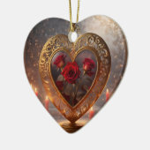 赤ビクトリアンいバラと黄金のハート、ヴィンテージ セラミックオーナメント (左)