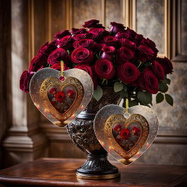 赤ビクトリアンいバラと黄金のハート、ヴィンテージ セラミックオーナメント