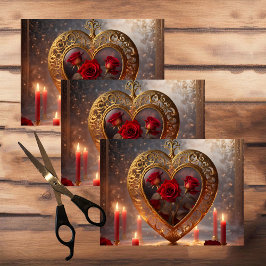 赤ビクトリアンいバラと黄金のハート、ヴィンテージ 薄葉紙