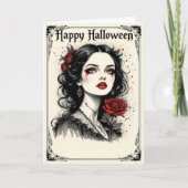 赤ビクトリアンいバラのゴシック様式のハロウィーンレディ カード (正面)