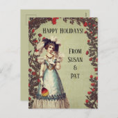 赤ビクトリアンいバラ園の女性とファン シーズンポストカード (正面/裏面)